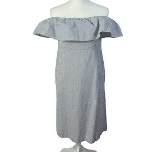 Banana Republic Seersucker Off Shoulder White Grey Striped Ruffle Dress Size 8